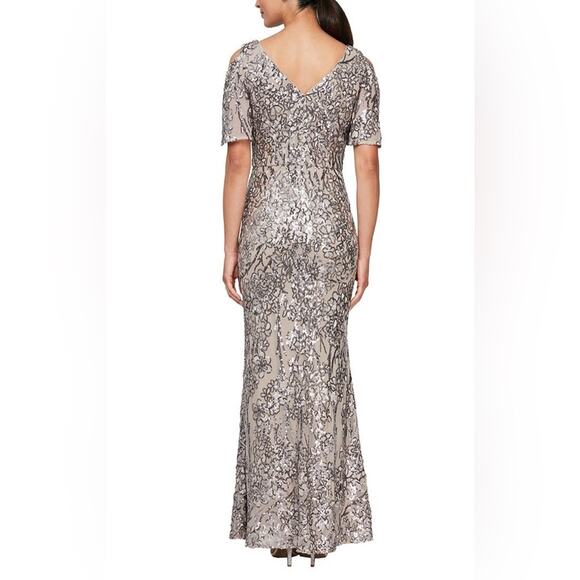 Alex Evenings V-Neck A-Line Sequin Dress with Cold Shoulder Flutter Sleeve - NWT - Picture 2 of 12